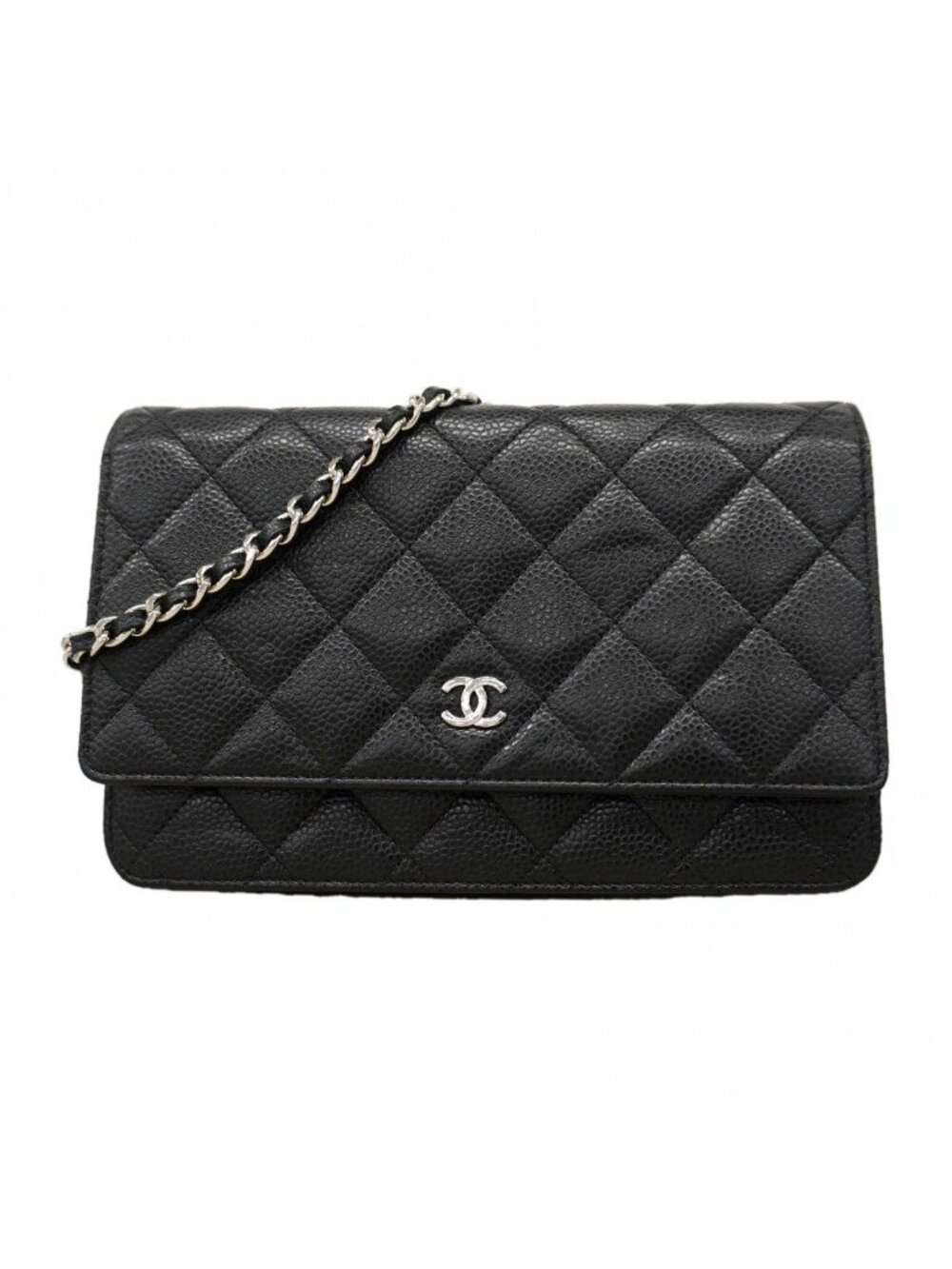 Chanel Shoulder Wallet Quilted Caviar Leather Black Silver